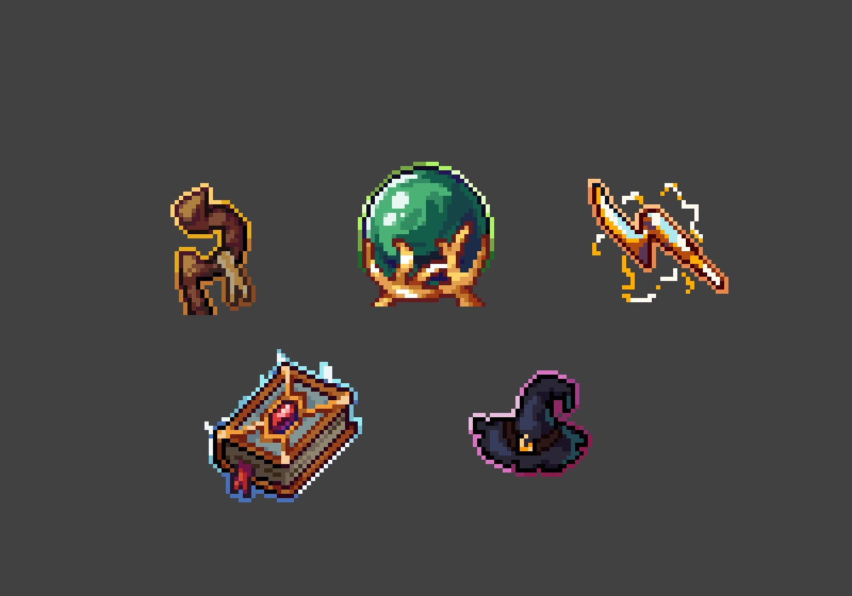 A set of five RPG item icons
