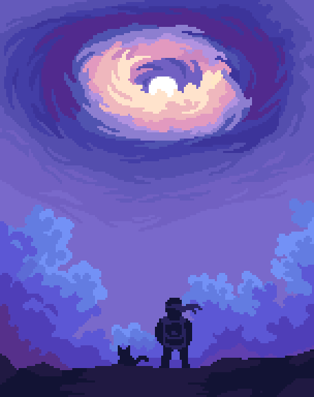 A figure and cat beneath a swirling portal in the night sky