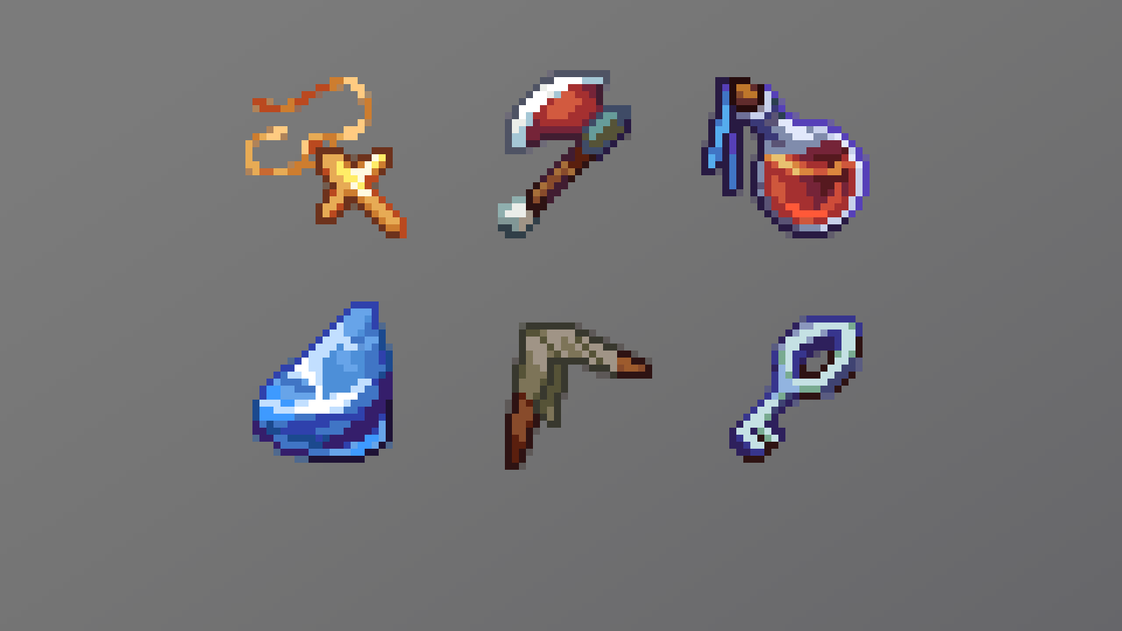 A set of six game item icons