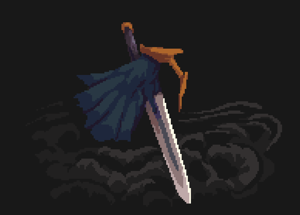 A sword planted in the ground with a tattered cape